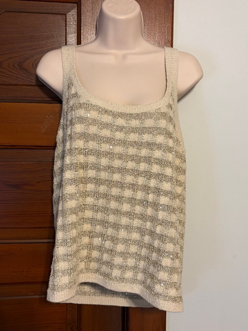 Ann Taylor XL Cream Metallic Grid Sequin Knit Tank Top